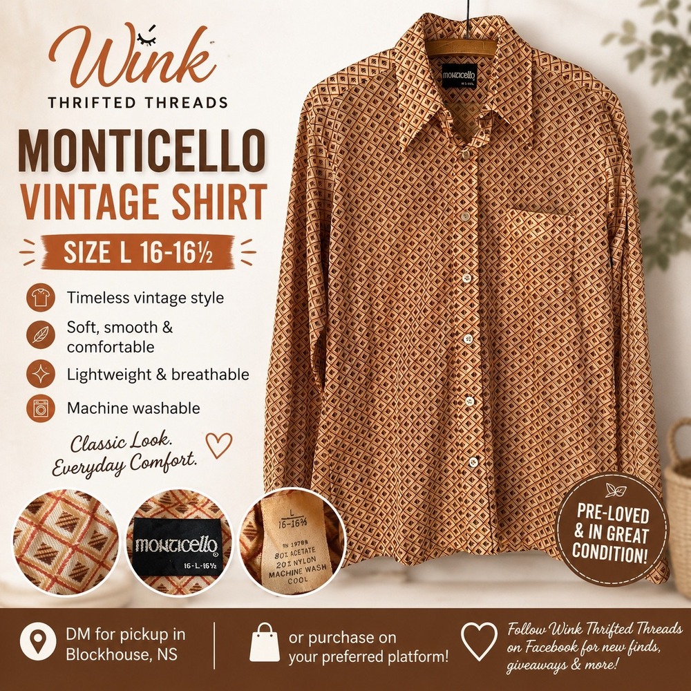 Vintage 70s Monticello Mens Orange Geometric Diamond Print Shirt Large 16-16.5
